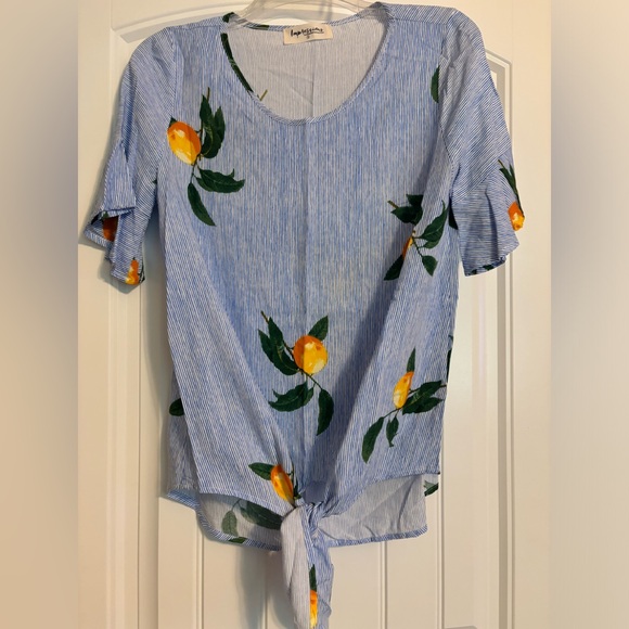 Blue striped blouse with peaches design. - Picture 2 of 3